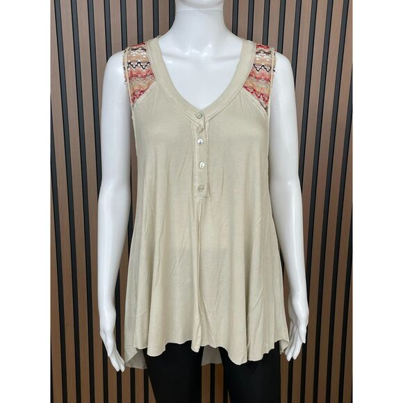 POL Women's Top Tank Blouse Brown Henley S Crochet Boho Embroidered Button Flowy - Picture 1 of 8